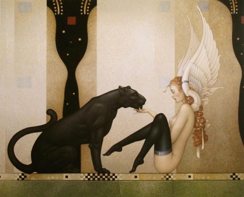beautifulbizarremagazine:‘Black Panther, White Wings.’ | The stunning work of Michael Parkes makes my jaw drop. . . . #beautifulbizarremagazine #contemporaryart #imaginaryrealsim #blackpanther #wings Reminds me a lot of Maxfield Parrish. 