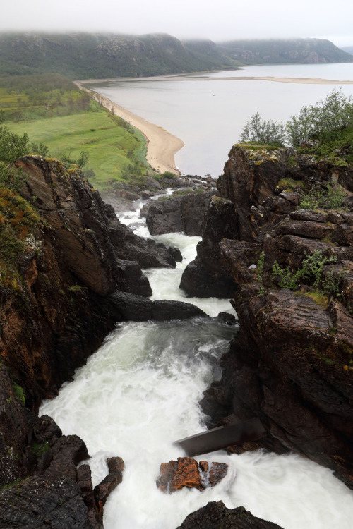 norwegiandailyphoto: Adamsfossen waterfall 125 feet (38 metres) down to the sea, Finnmark