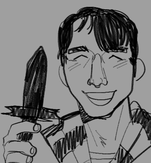 Rough sketch of Lee from Whispered faith. He holds a dagger up and smiles wide, eyes closed.
