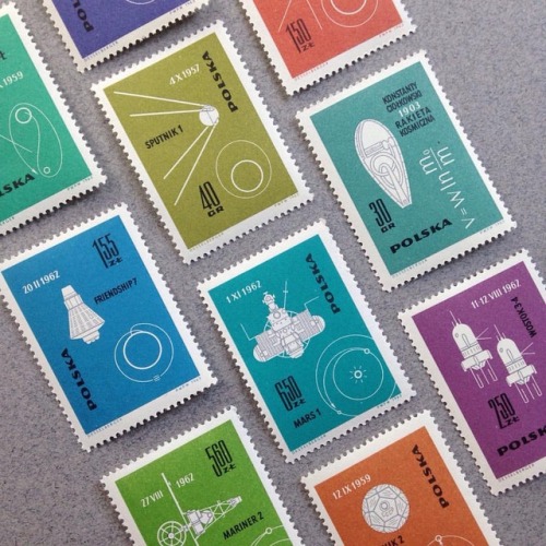 Polish space stamps (1963) featuring beautifully minimal Russian and American satellites along with 