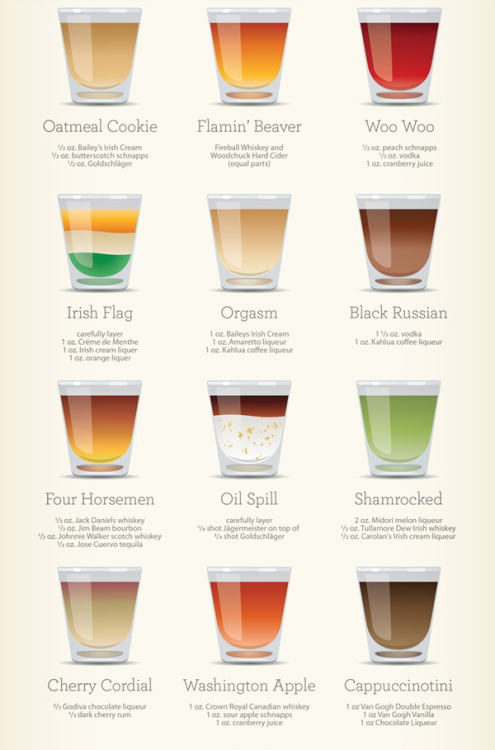 thecakebar:  30 Easy Shots Recipes {click link for extra large view}  30 Shots Is it an info graphic, or a recipe list? Either way, this poster shows what’s inside 30 of the most popular and iconic shooters. How many have you tried? 