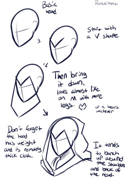 deltaink:  runescratch:  I’ve been asked a lot about how I draw hoods, mostly Talon’s hood, so I hope this helps a little? Just a pretty basic thing but hey there ya go Hoods are pretty cool, they usually have a lot of variety in how they can look