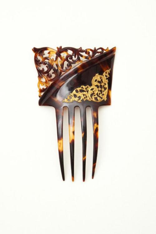 Combs, 1840-1909. Made of celluloid, one of tortoise shell. Via Goldstein Museum of Design.