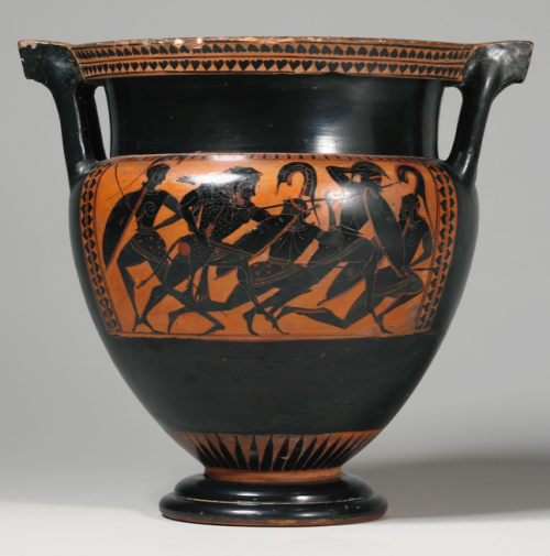 archaicwonder:  Herakles vs The Amazons  This Attic black-figured column krater portrays the Amazonomachy, the mythical battle between the Ancient Greeks and the Amazons, a nation of all-female warriors. It is attributed to the Group of Faina 75, circa