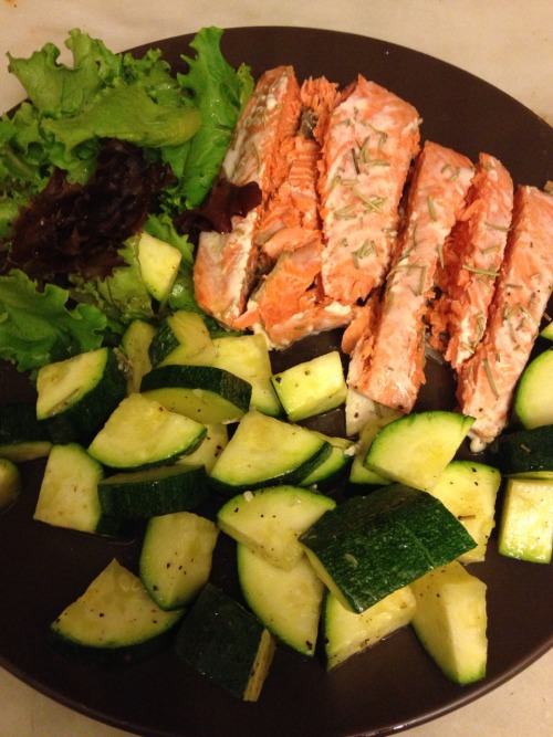 Baked wild salmon with grassfed butter and rosemary with a side of greens and baked zucchini!