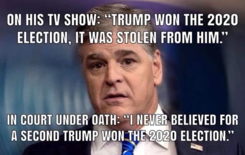 FOX viewers accept lying in place of journalism/facts because they only care about their feelings as manipulated by predetermined opinions. Hannity’s opinion, used to manipulate, is all FOX viewers see/hear. Indoctrination in plain site.