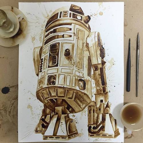 culturenlifestyle:  Coffee Illustrations by Maria Aristidou Professional coffee artist Maria Aristidou (previously featured here) composes portraits of vintage icons by using coffee as watercolor. Often featuring classical icons, such as the Star Wars