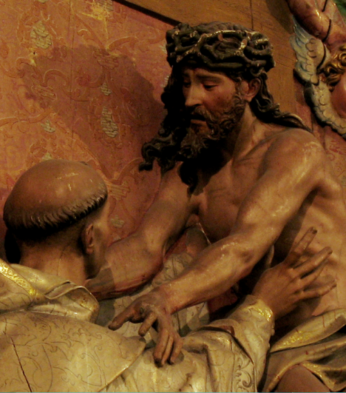 spanishbaroqueart:Gregorio FernándezChrist on the Cross Embracing Saint Bernard, ca. 1613 (detail)La