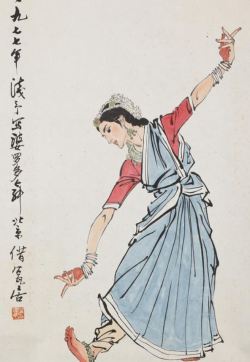 vintageindianclothing:  Chinese brushwork meets Indian dance. From the Indian Dancing Gesture series of Ye Qianyu from the 1970s 