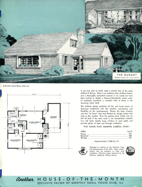 vintagehomeplans:United States, c. 1948: The DurantA compact two-bedroom house with a garden-facing 
