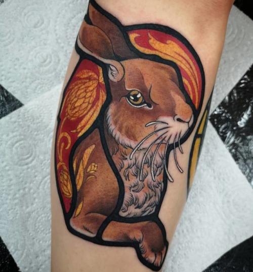 Stained glass hare for Ellen 3 hours on the calf done at @triplesixstudios with @cheyenne_tattooequi