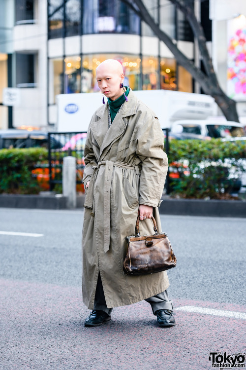 Japanese musician/actor/model Shouta on the street in Harajuku wearing a vintage overcoat with layer
