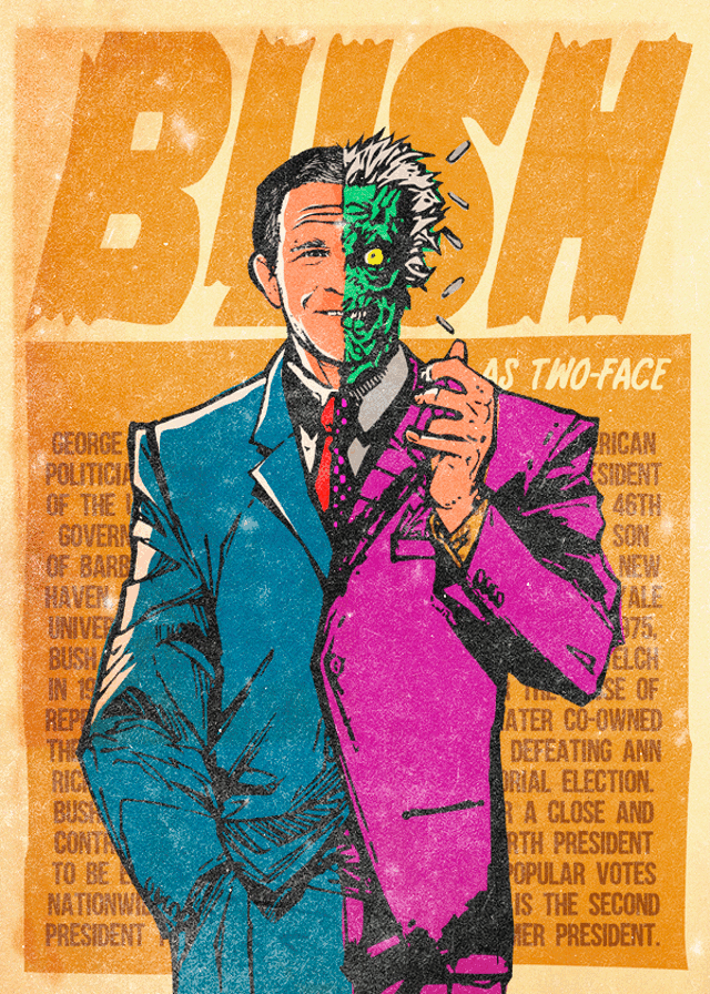 driveoncmyk:  Mash-up of real life bad guys with comic book villains. See more here.