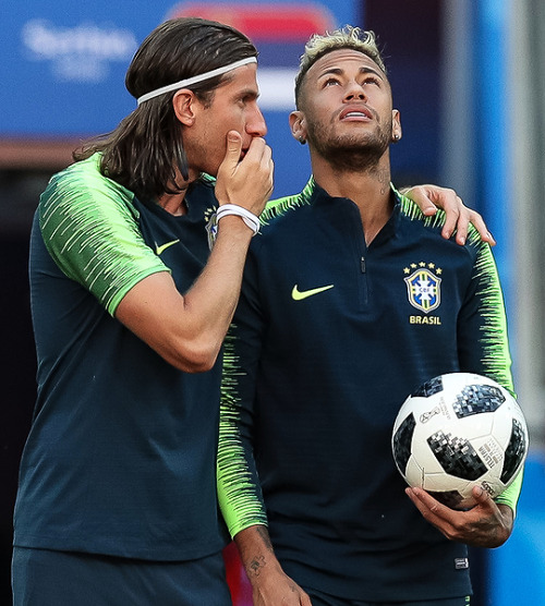 atleticomadriddaily: Filipe Luis and teammate Neymar of Brazil during a training session in Moscow, 