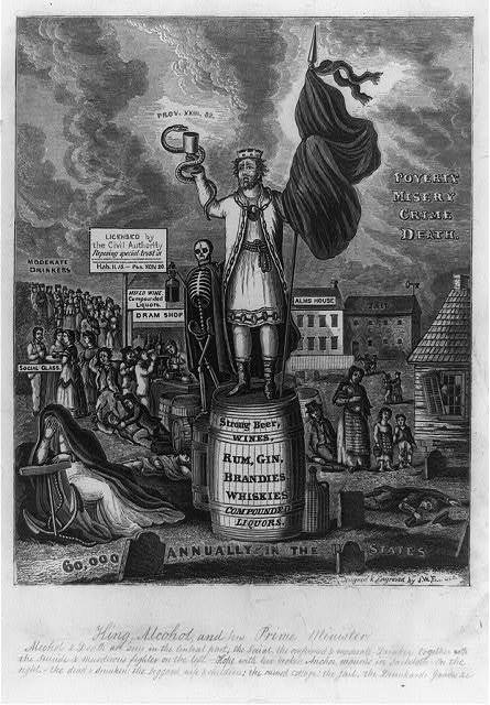 King Alcohol and his Prime MinisterA propaganda cartoon from the Temperance Party, 1826.