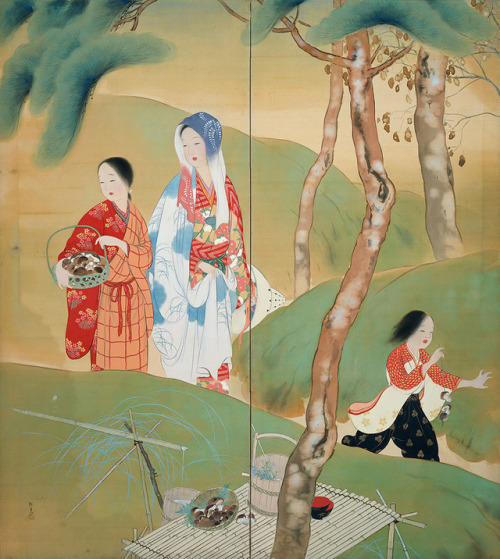 Mushroom Gathering  (Detail, left screen)  -   Konoshima Okokum ,  1924Japanese, 1877-1938Woodblock 