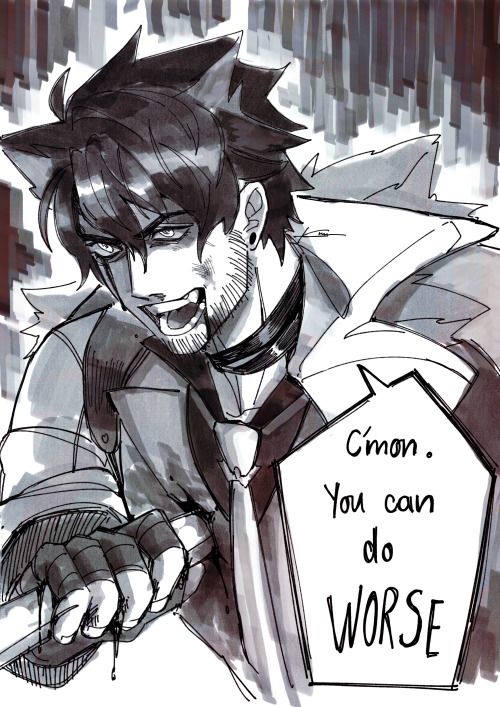 Matching fan art of Wriothesley, a character from Genshin Impact, in a sketchy, monochromatic art style. 

His face is bruised, and blood is dripping from his temple and his open, snarling mouth. "C'mon. You can do WORSE," his speech bubble says. His hand is clutching a blade that had stabbed into his chest, bleeding profusely. 

His body faces left in the portrait, his face is shadowed in an ominous way. A dark, gloomy atmosphere is suggested with some loose, vertical brushstrokes in the background.