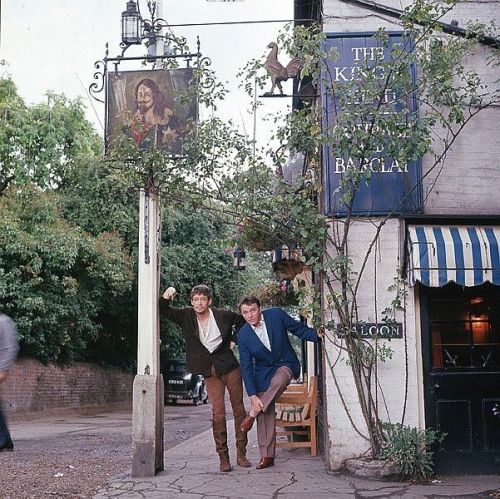 myfavoritepeterotoole:Peter O'Toole and Richard Burton outside a pub in Shepperton, 1963 - photo by 