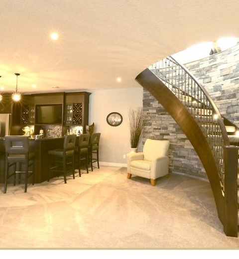 Walk Out - Contemporary BasementLarge Trendy Walk-out Carpeted Basement Photo With Gray Walls