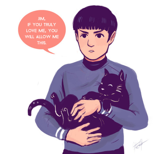 autistictranspock:neetols:Allow him[ID: two digital drawings of Spock, holding a black cat. The cat 