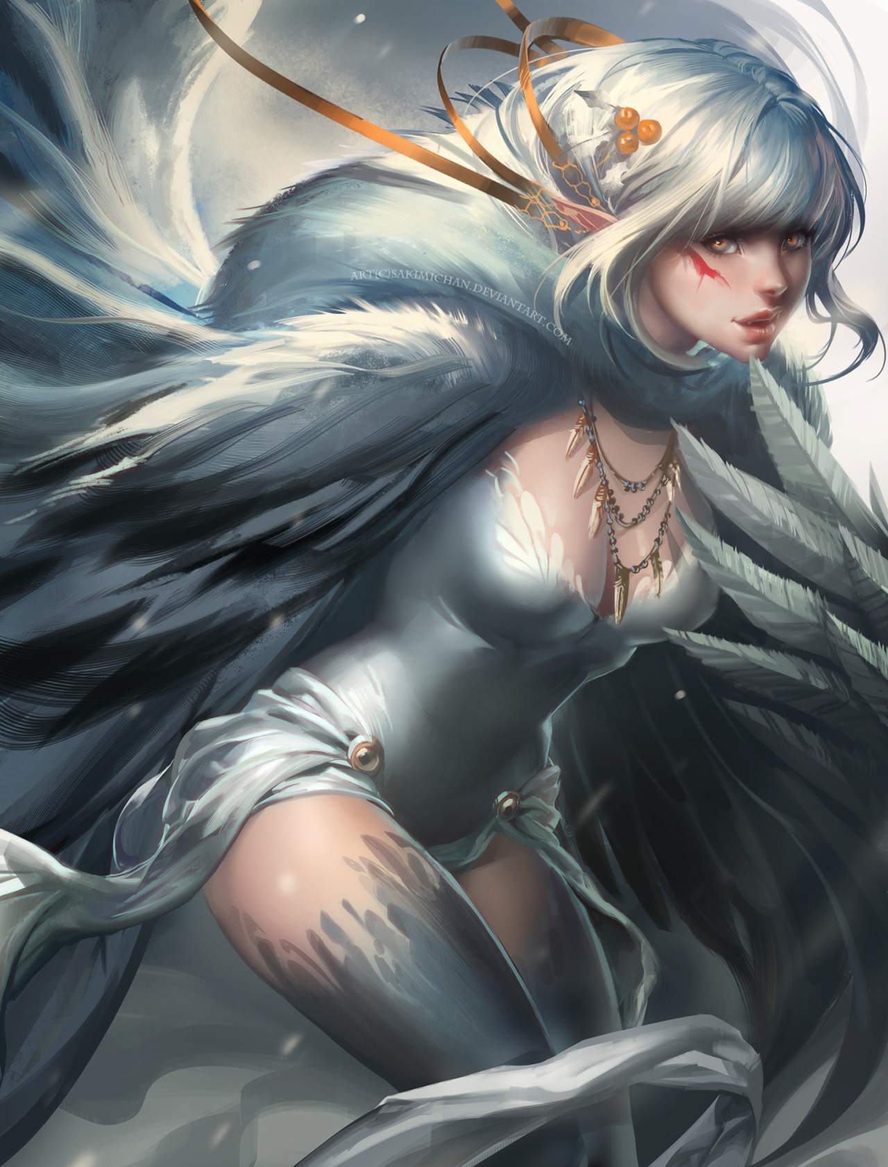 sakimichan:  painting of playful snow harpy. Painting in ps5Happy holidays : ) 