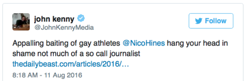 micdotcom:  Early on Thursday, The Daily Beast published an article by London editor Nico Hines in which he “reported” on his use of Grindr at the 2016 Rio Olympics. Hines is a straight man, and the article is an unethical mess.  Hines, who is married