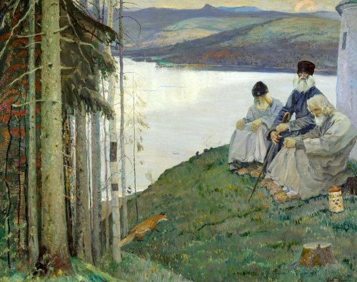 Mikhail Nesterov (1862-1942 ) - Three Old Men with a Fox (1914)