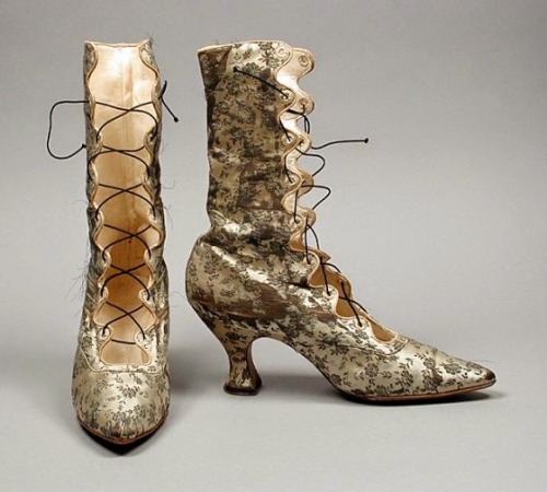 costumehistory:Trio of Victorian Boots1880s-1890s1889, France1883, Americavia Silk Damask