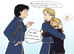 novanoah:  No one will ever convince me that this didn’t happen. Mama!Riza would take care of baby Ed when he went to Central for the very first time to take the State Alchemist exam and Roy and his jealousy would flip a shit over it.  Once Ed notices