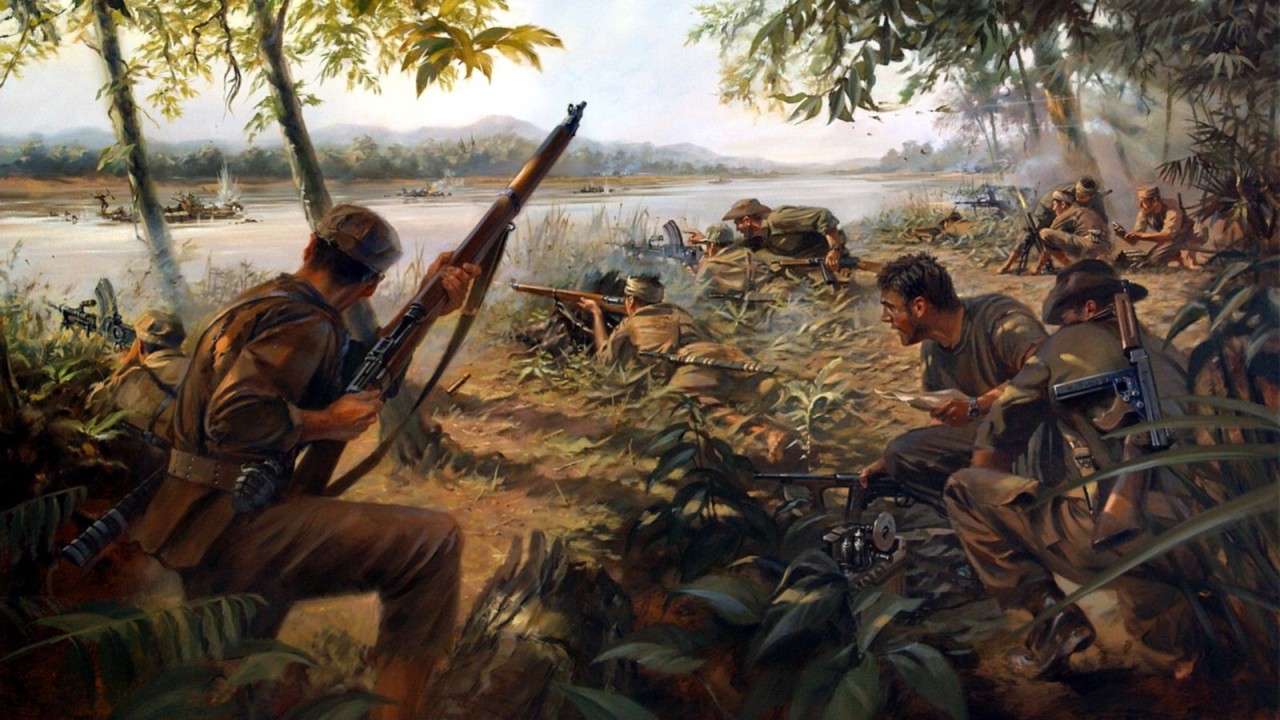 1944 07 Irrawaddy Ambush
repost larger size
The painting illustrates one of Detachment 101’s many guerrilla operations staged to disrupt Japanese supply and reinforcement routes in Burma. Staked out on one side of the Irrawaddy River, OSS-trained...