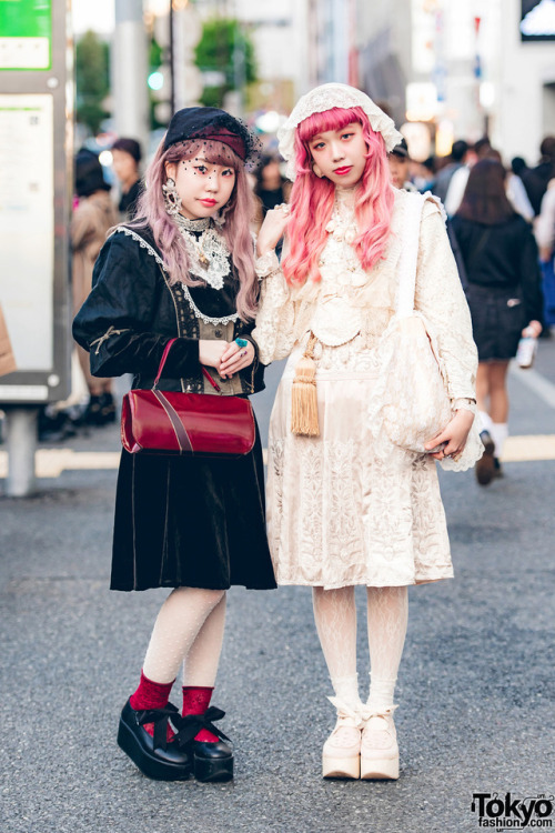 Nao and Koume - both 19 - on the street in Harajuku wearing vintage and antique Japanese street styl