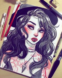 jacquelindeleon:Inktober day 11 // vampire!! Today was just a fun sketchy drawing I did at Starbucks.  I started drawing a girl and she became a vampire, as in I just added teefs😬and made her pale because I didn’t have my ink washes with me haha.