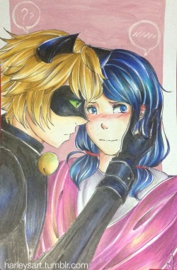 harleysart:  MariChat May Day 30: Sick  Chat: Princess, your fever doesn’t seem to be going down at all. You better get some rest. I’ll be right here.  Marinette: *mumbling* I think you’re the one who’s making it worse and please do use the thermometer!!