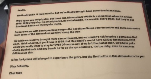 pprismo: so basically mcdonald’s sent the rick and morty crew actual mcdonald’s szechuan sauce. with