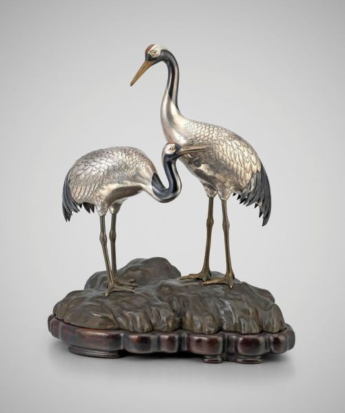 Yamakawa Kōji II (1860-1930), A Japanese study of silver cranes on a rock by Yamakawa Koji, Circa 19