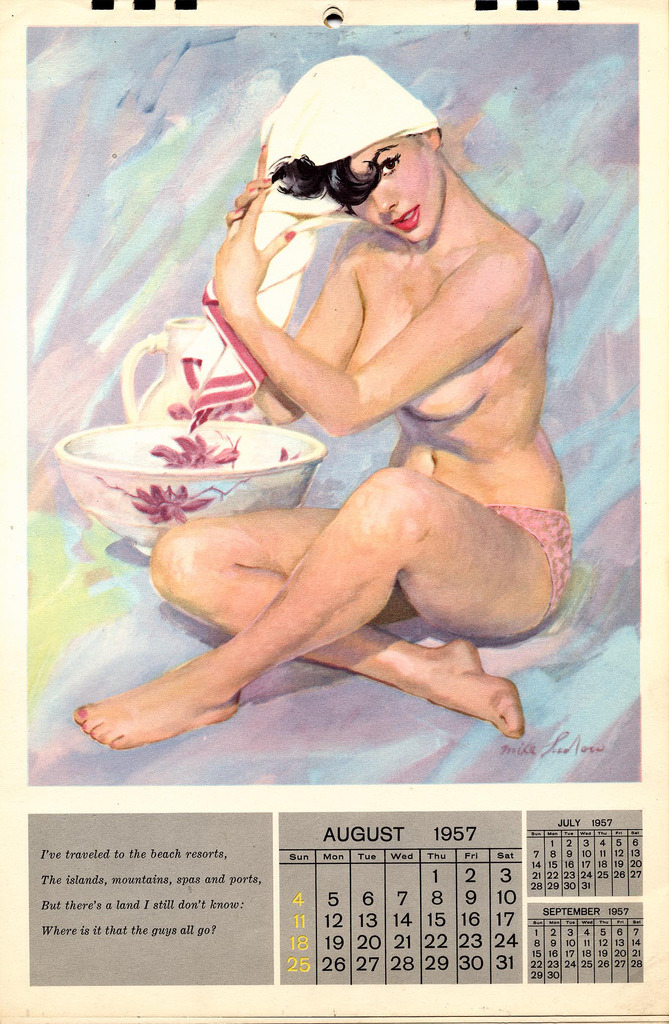 indypendent-thinking:  Esquire calendar Illustrated by Mike Ludlow August 1957 (by