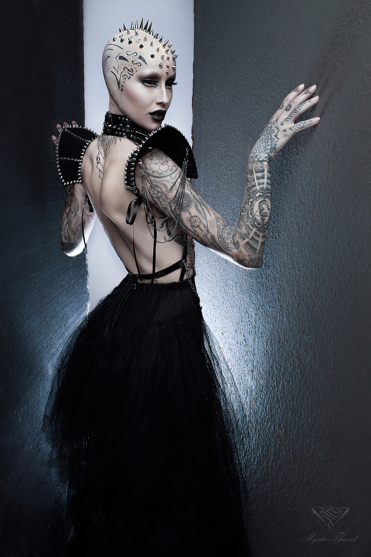 mysticthread:  Black gothic rock punk costume choker / shoulder pads decorated spikes
