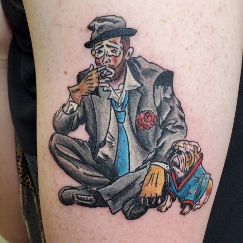 <p>Hobo clown memorial piece done today at The Phoenix!  Thank you so much for your trust, it was great working with you!🙏❤<br/>
.<br/>
#ladytattooer #thephoenix #copperphoenix #shelbyvilleindiana #indianapolistattoo #indylocal #do317 #indytattoo #waverlycolorco #intenzeink #fkirons #hobo #hoboclown #englishbulldog #bulldog #artistsoninstagram #artistsofinstagram  (at Shelbyville, Indiana)<br/>
<a href="https://www.instagram.com/p/CF0LzydgGlS/?igshid=120fohv63aaee">https://www.instagram.com/p/CF0LzydgGlS/?igshid=120fohv63aaee</a></p>