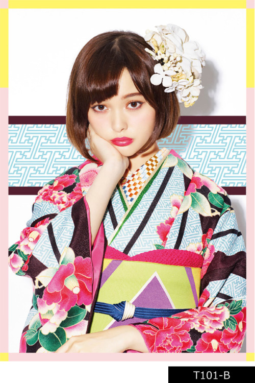 kimononagoya: Tina Tamashirou’s bright geometric furisode design uses camellias (a winter flower) wi