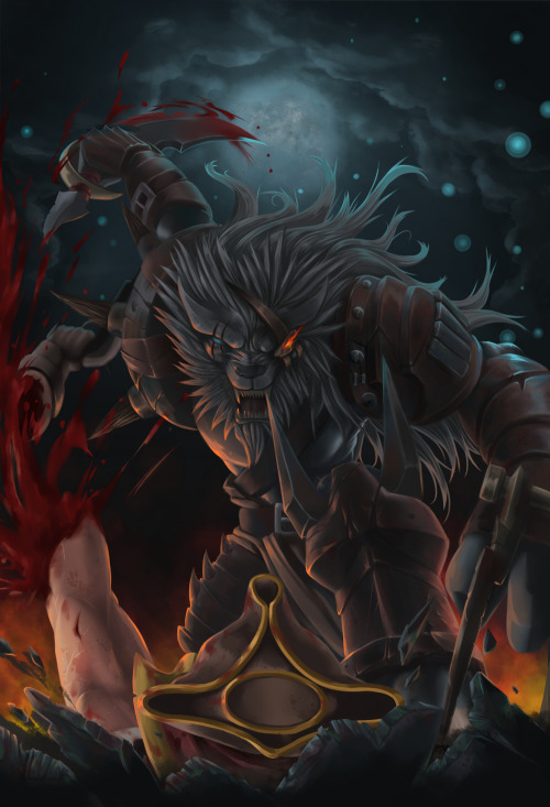 lol-fanart-archive:“First blood!” A rather gruesome representation of the post release Rengar!By:失月 