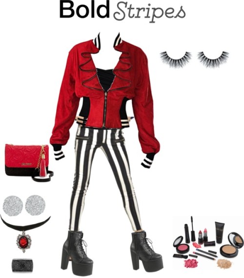 Stripe Pants by angeladt-1 featuring a red necklace ❤ liked on PolyvoreByron Lars suede jacket, 1,59