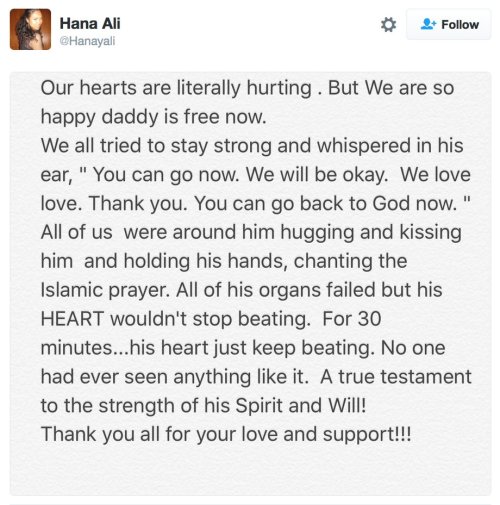 hopeful-melancholy:  Muhammad Ali’s daughter.   Inna lillahi wa inna ilaihi raji'un.