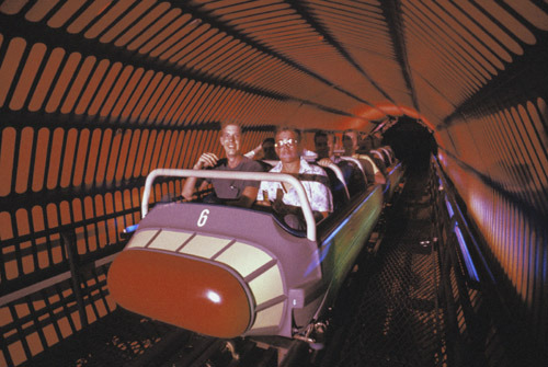 night-rooms:Guests traveling thru the original space jump in Disneyland’s Space Mountain