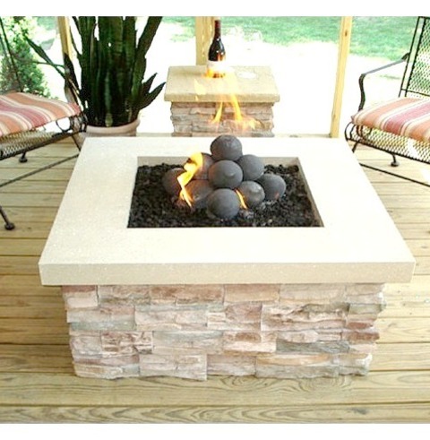 Miami Contemporary DeckDeck - Mid-sized Contemporary Backyard Deck Idea With A Fire Pit And An Awning