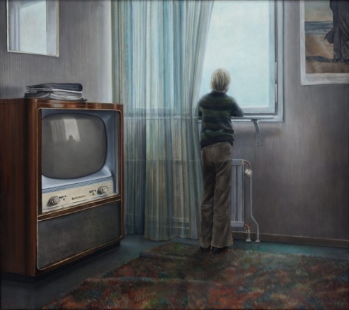 Jonas and the TV  -  Peter Tillberg , 1972-76.Swedish, 1946-2016Oil on canvas, 102.4 x 91.2 cm.