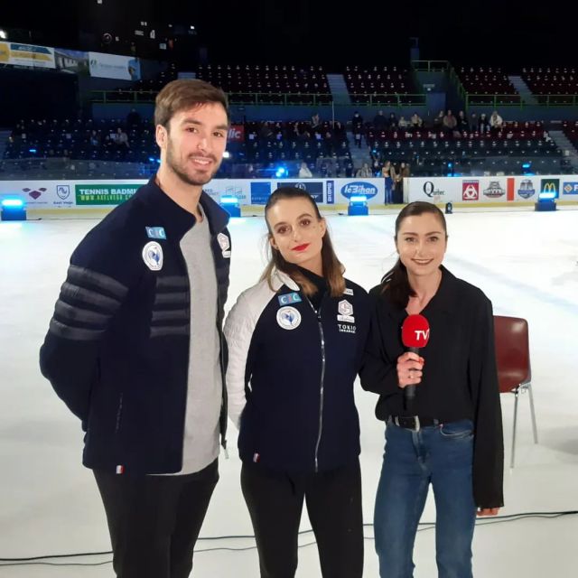 papadakis and cizeron being interviewed for local news
