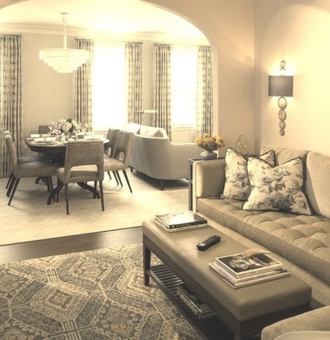 Open New YorkSmall Transitional Open Concept Family Room Design Example With A Dark Wood Floor, Beige