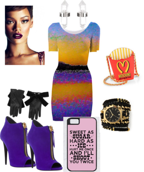 #Rihanna in a emoji dress, McQueen gloves, Moshino bag. by fabulize featured in rihanna outfits
Yellow dress / Giuseppe Zanotti heel boots / Moschino red purse / Sara Designs pyramid bracelet / Amber Sceats crystal earrings, $115 / Alexander McQueen...