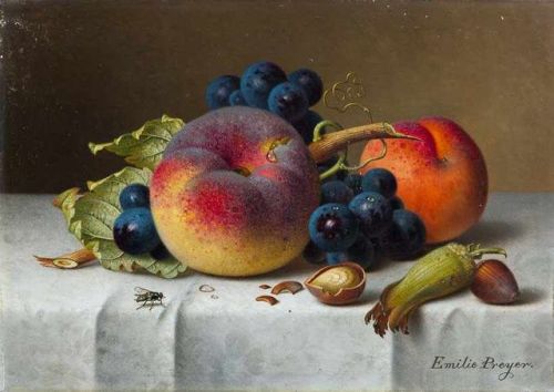 art-and-things-of-beauty:Emilie Preyer (1849-1930) - Still life with peaches and grapes, oil on canvas, 16 x 22 cm.