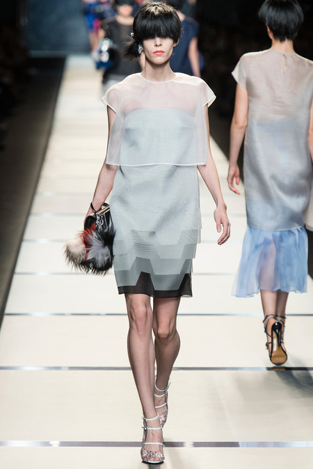 Label:  Fendi  Fashion Show:  Spring/Summer 2014 in Miland  Models:  Cara Delevingne, Juliana Schuri
